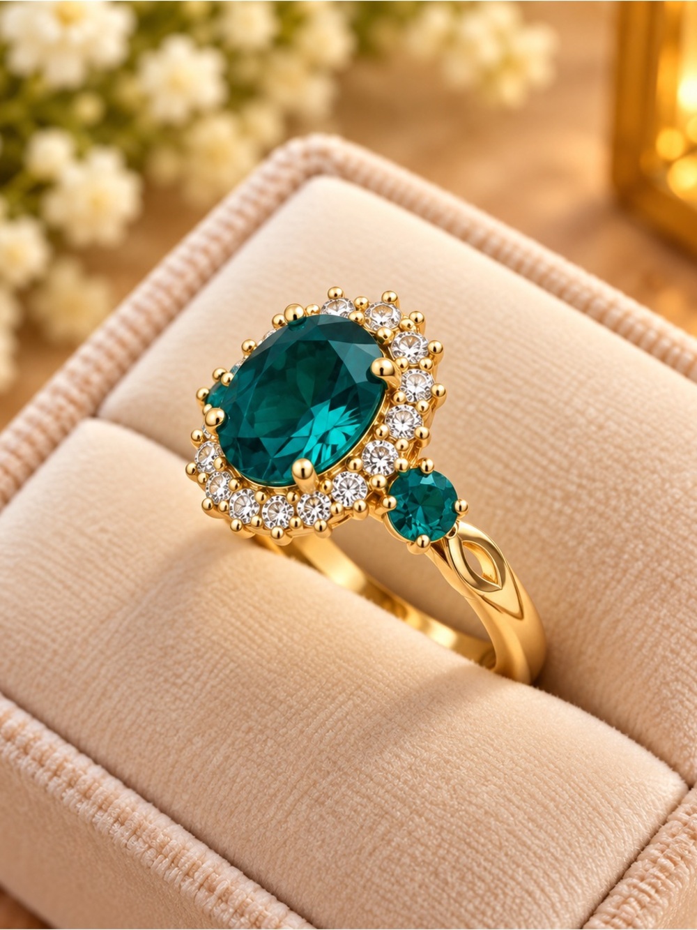 18K Gold Filled Emerald Green Oval Halo Ring Clear Stones Women’s Size 7